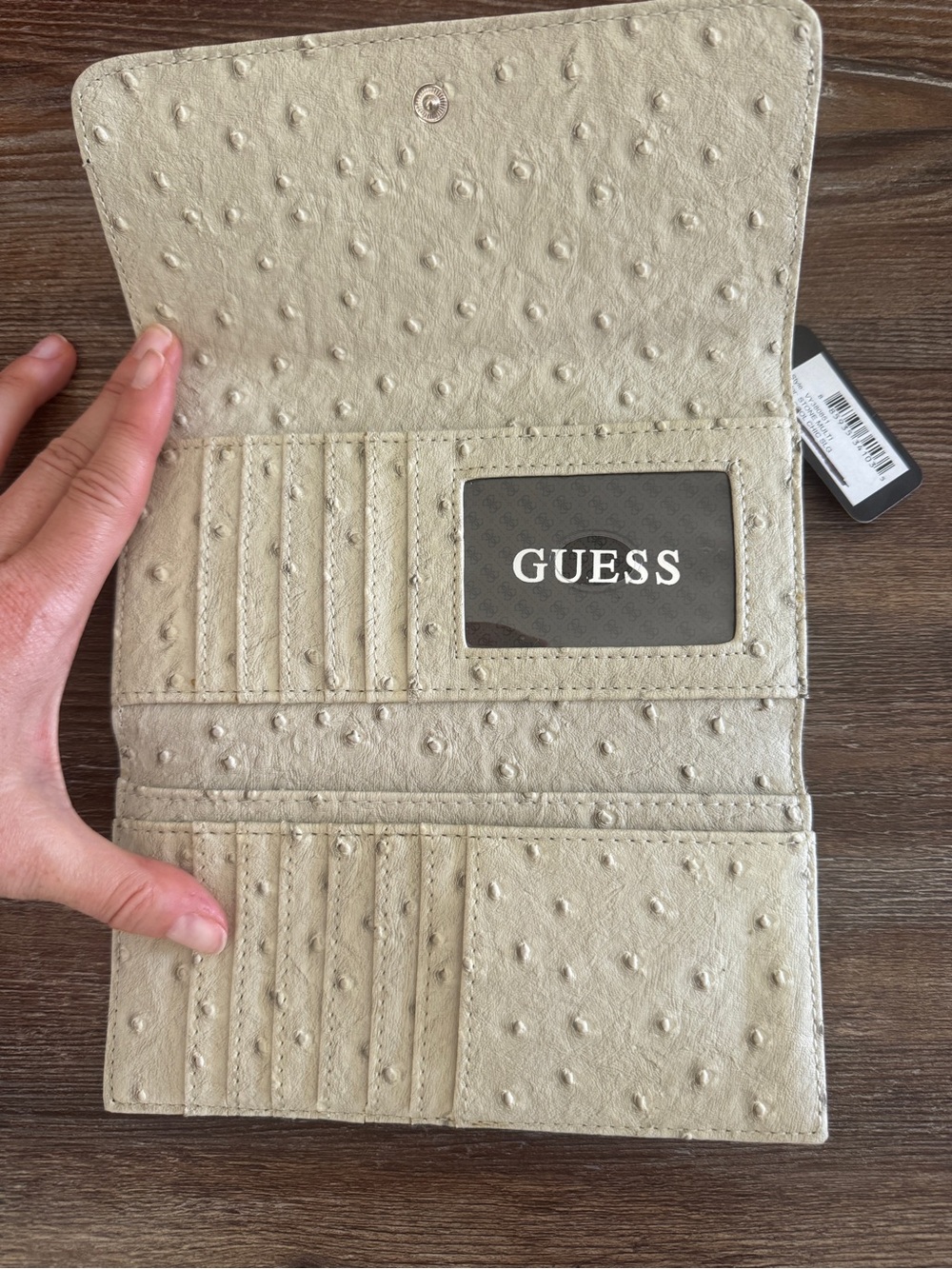 GUESS Cream Faux Ostrich Fold-Over Wallet - Picture 2 of 4